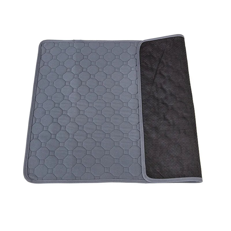 Washable dog pee pads in tan and grey colours showing multiple size options for pet protection