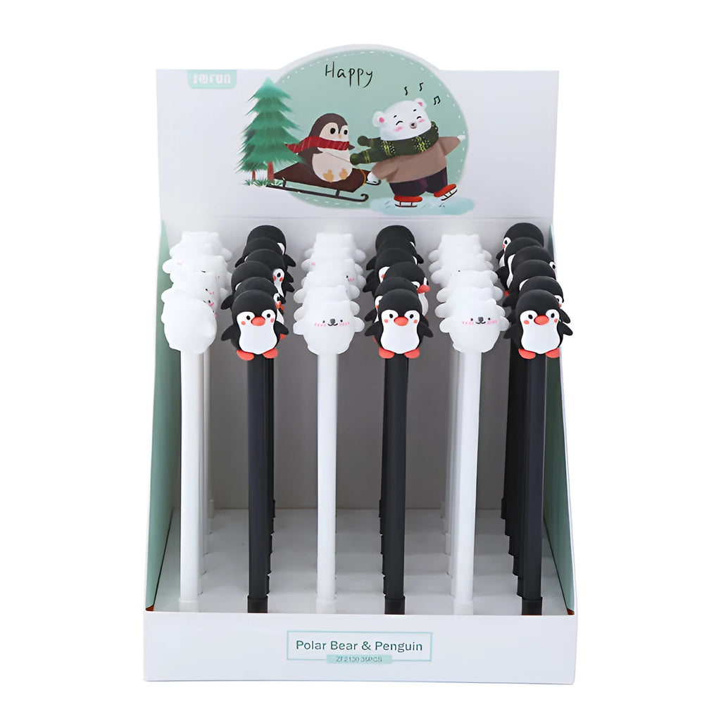 Korean cartoon penguin gel pen with silicone grip and 0.5mm tip in black and blue options