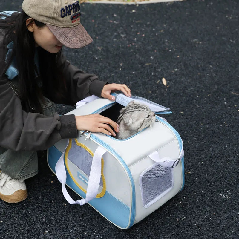 Blue foldable outdoor cat school backpack made from Oxford cloth for pet transport