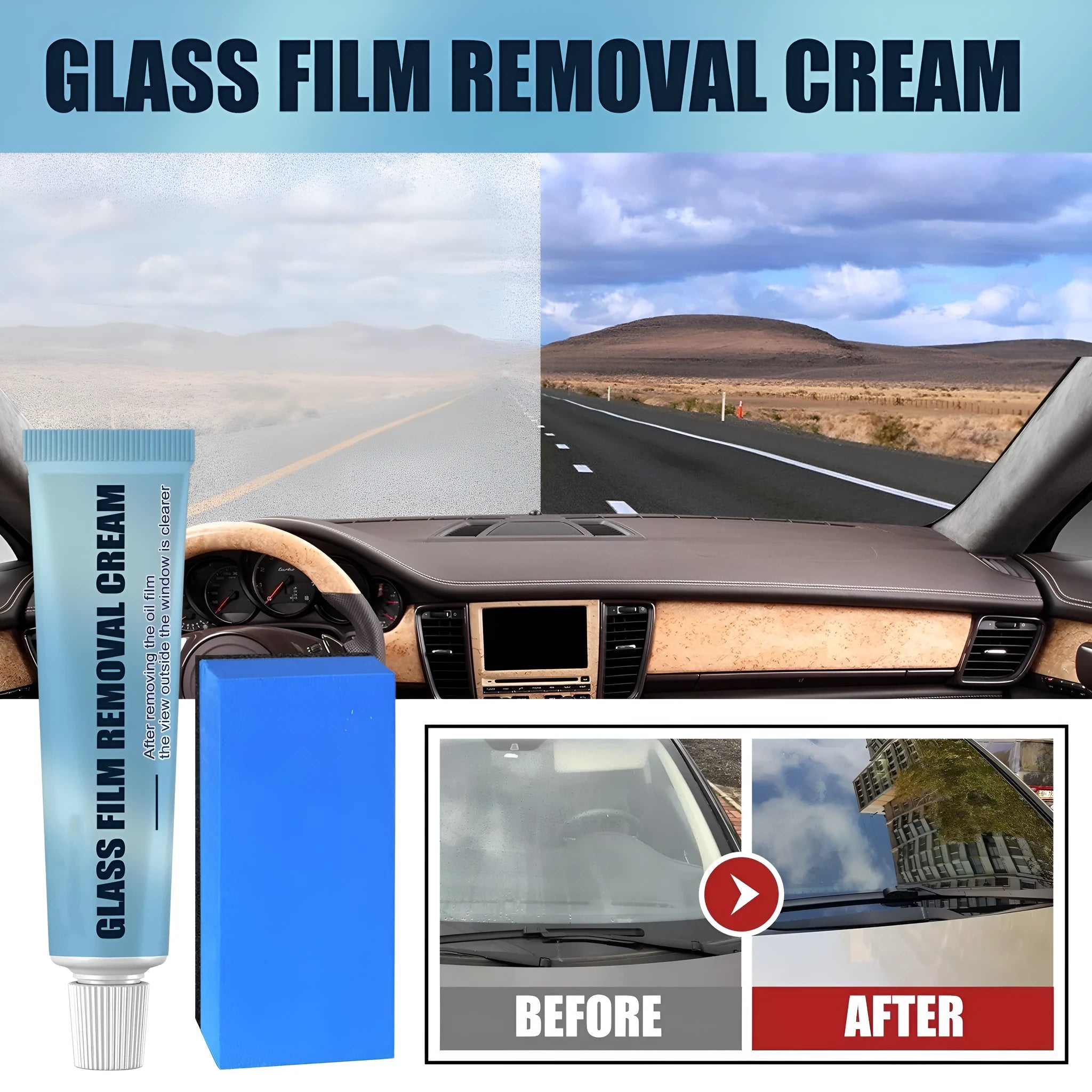 Blue car glass oil film remover and soft sponge applicator on a white background