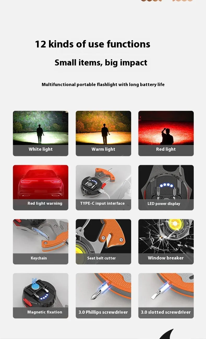Portable multifunctional keychain flashlight with screwdriver and window breaker hammer, showing COB LED light.