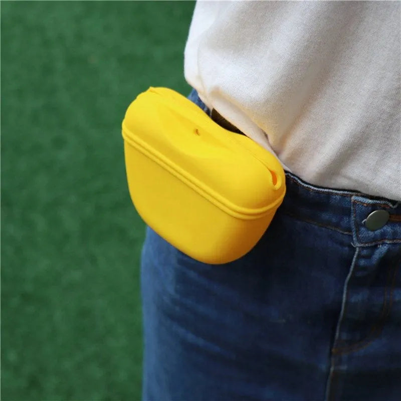 Silicone dog training treat pouch with magnetic closure and metal clip in assorted colours.