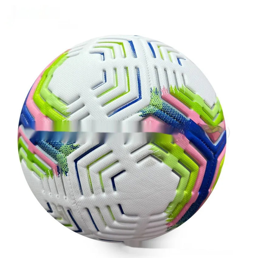Size 5 PVC machine seam indentation competition football on grass in blue and white colourway