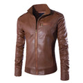 Black artificial leather motorcycle jacket with polyester lining on display showing front zipper and lapels