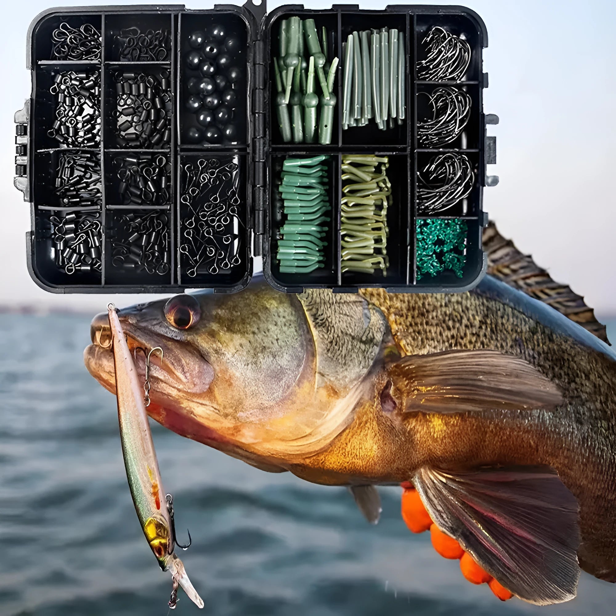 Black portable fishing accessory box containing 420 pieces of European carp fishing gear set