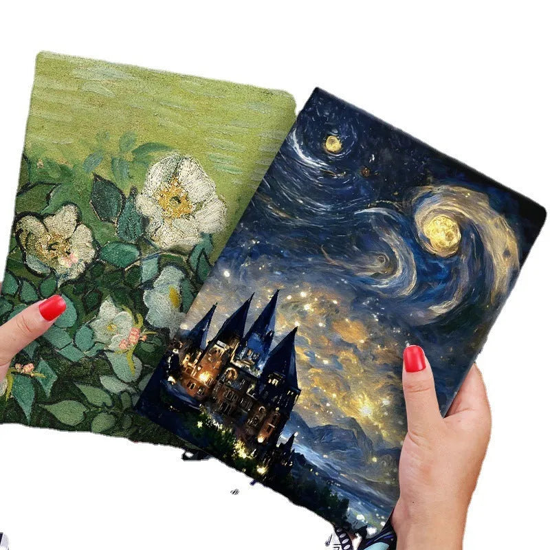 Handmade liquid silicone flip case for iPad with floral artwork on the cover.