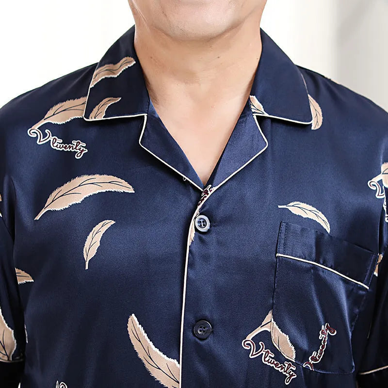 Men's thin ice silk pyjama set with floral print, small lapel and front button top, available L to 3XL
