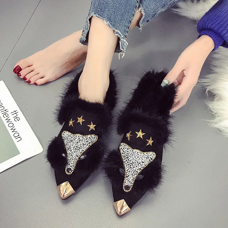 Women's suede fur shoes with rabbit hair lining, pointed toe, flat heel, black and gray colours
