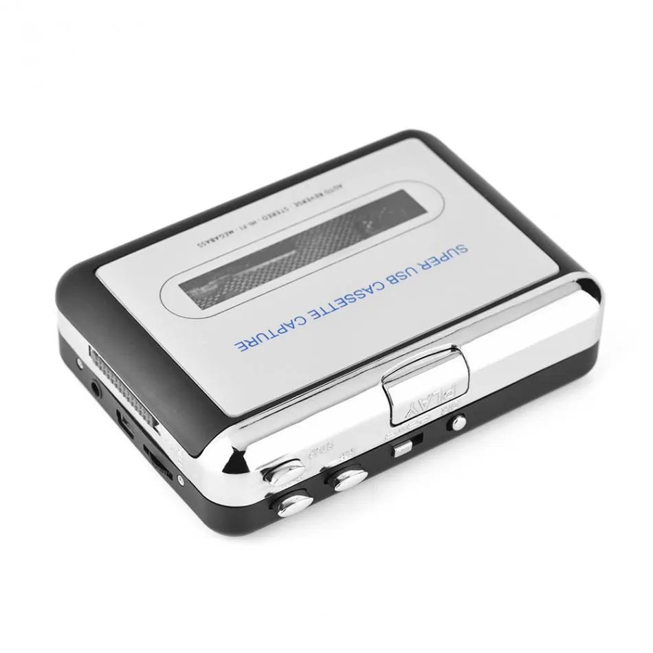 Silver USB cassette tape to MP3 converter unit with USB cable and earphones.