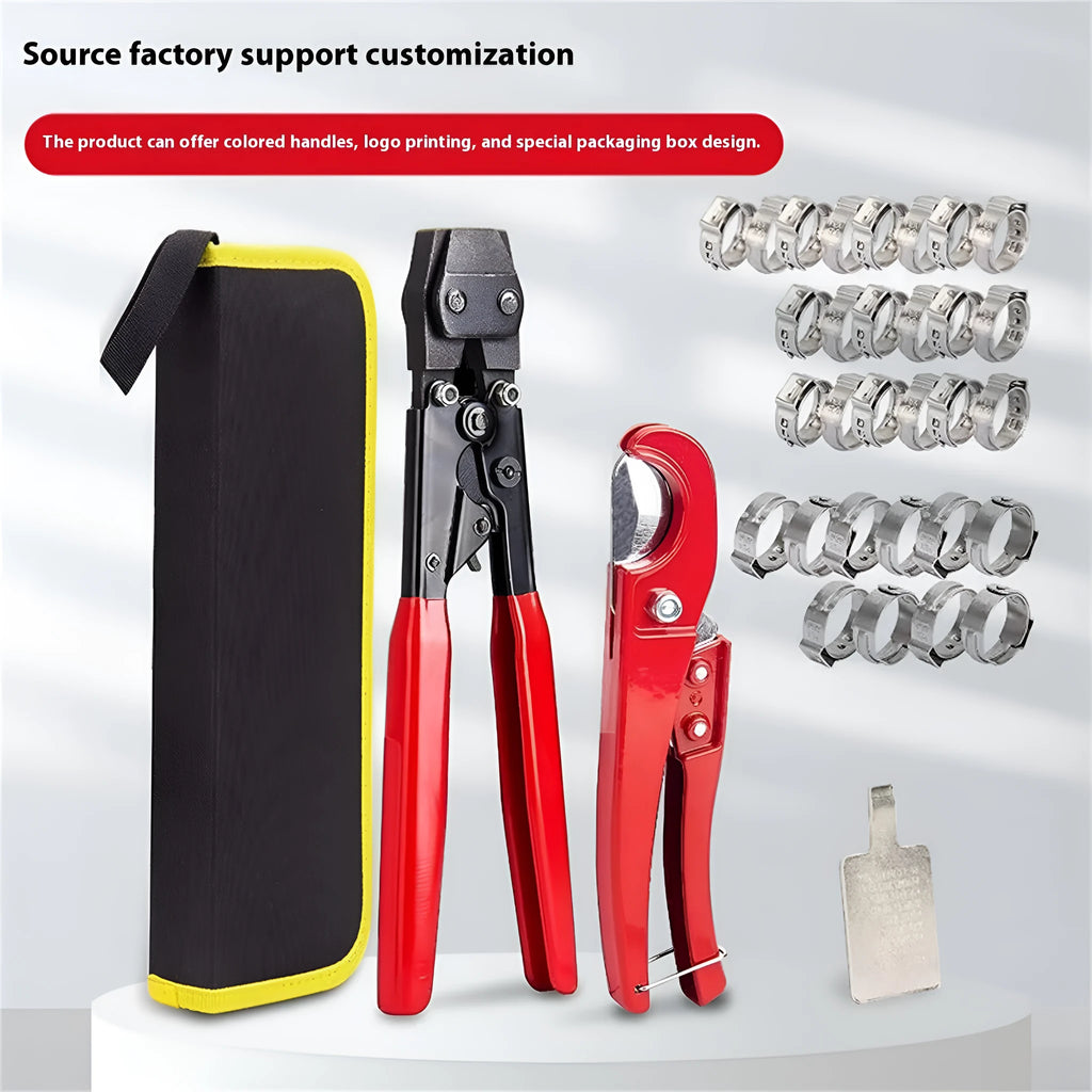 Red cloth-covered single ear PEX clamp with metal body and carbon steel cutting edge.