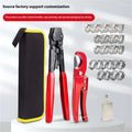 Red cloth-covered single ear PEX clamp with metal body and carbon steel cutting edge.