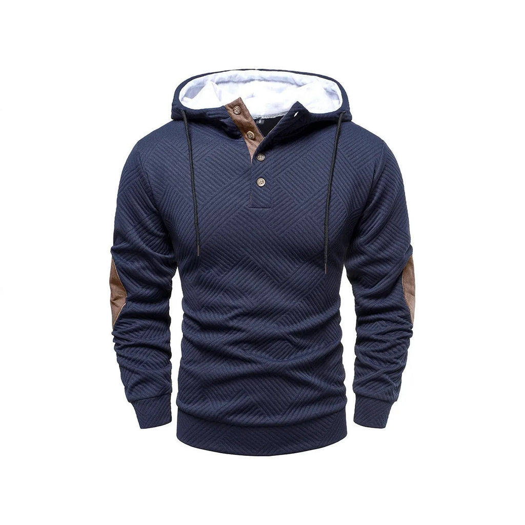 Men's loose hooded pullover sweatshirt in white, dark blue, apricot, dark gray, or black, sizes S to 3XL.