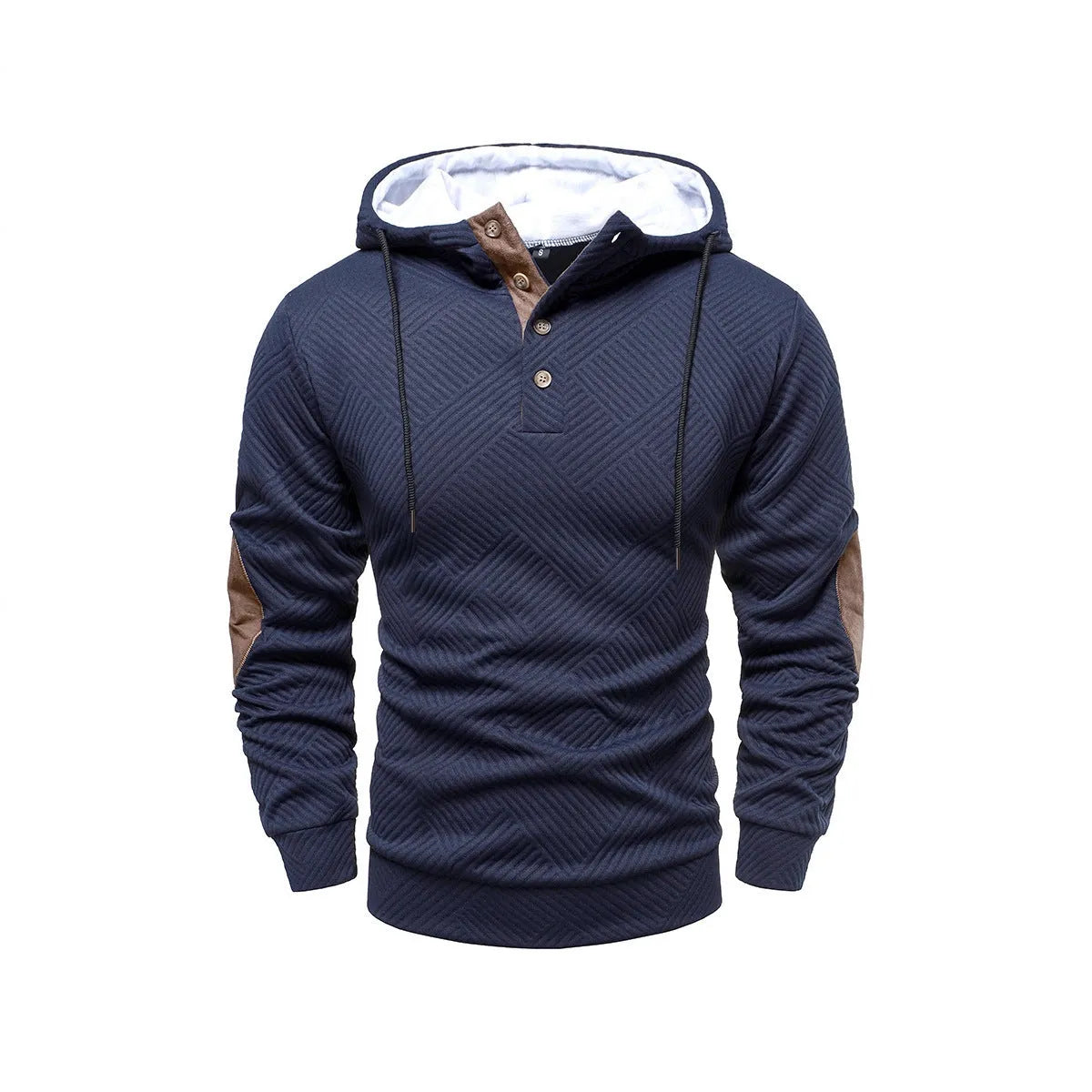 Men's loose hooded pullover sweatshirt in white, dark blue, apricot, dark gray, or black, sizes S to 3XL.