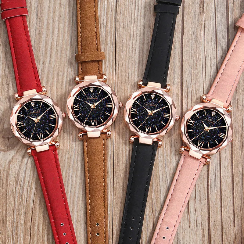women's frost leather strap quartz wristwatch starry sky dial Roman numerals rhinestones round case