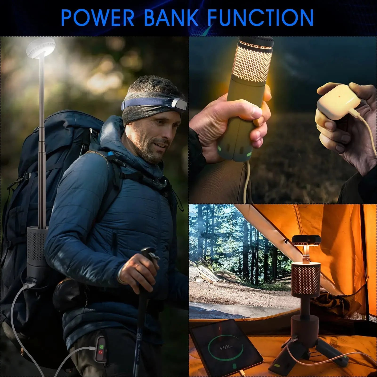 Portable LED camping light in off white or dark grey colour with button switch