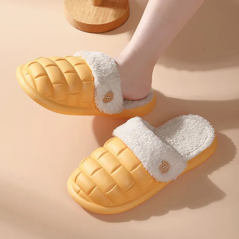 Plaid-patterned detachable EVA house slippers with plush lining, shown in pink, green, yellow, white, grey, or black.
