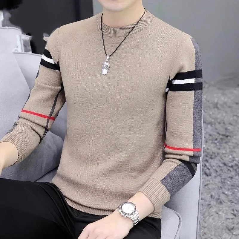 Slim-fit contrast colour round neck men's sweater in black, extra coarse wool, sizes M to 5XL