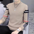 Slim-fit contrast colour round neck men's sweater in black, extra coarse wool, sizes M to 5XL