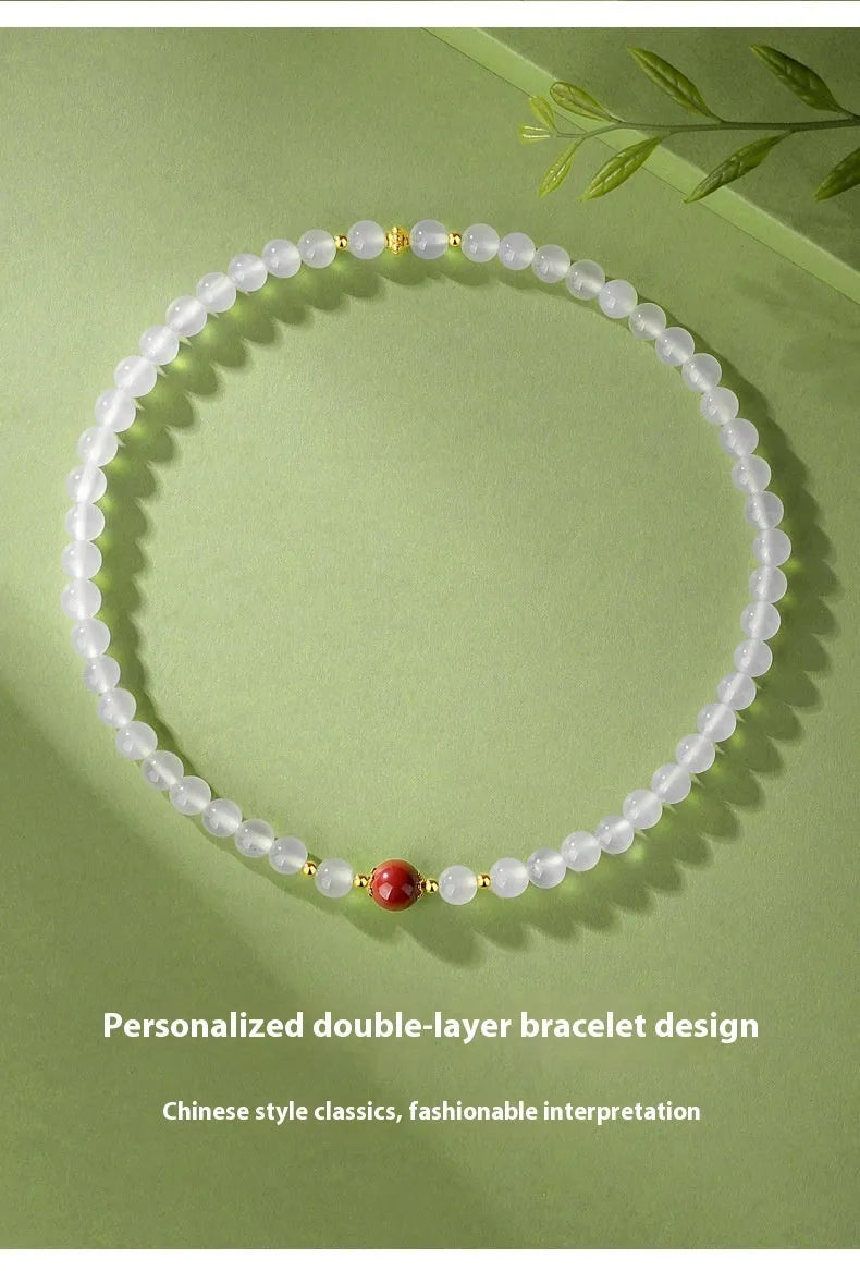 White agate women's double layer bracelet with geometric beads and national style design