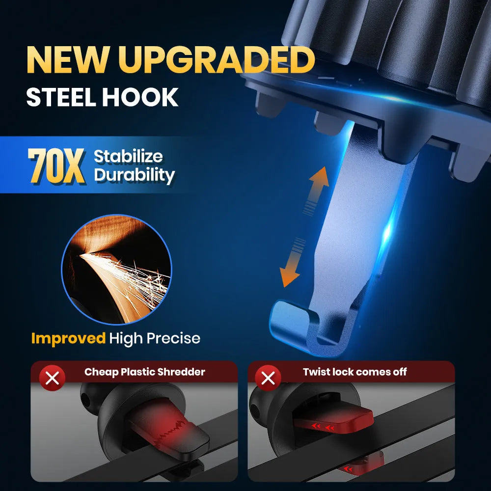 Universal car phone holder showing five different mounting bracket styles for windshield, dashboard and air vent installation.
