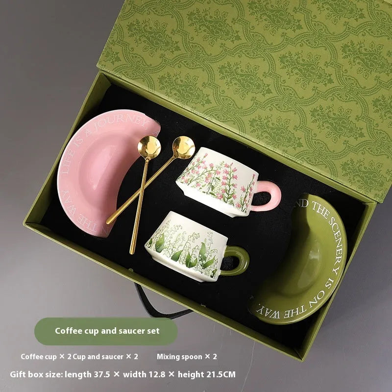 Ceramic coffee cup and saucer set for two people with stirring spoons in Campanula or Lanling Grass designs