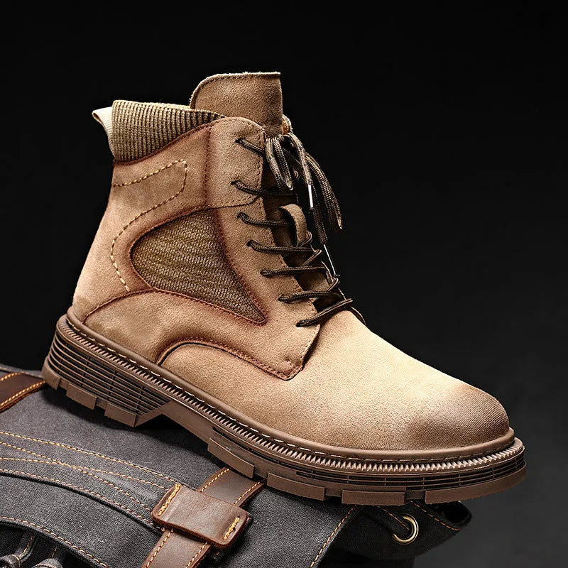 Men's ankle-high Martin boots in frosted sand-colour leather with a round toe and thick rubber sole.