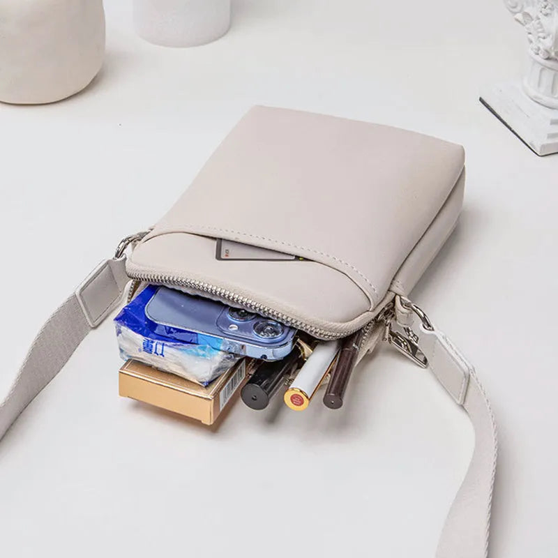 Simple solid colour mobile phone crossbody bag in PU leather showing black, beige, khaki, and green colour options.