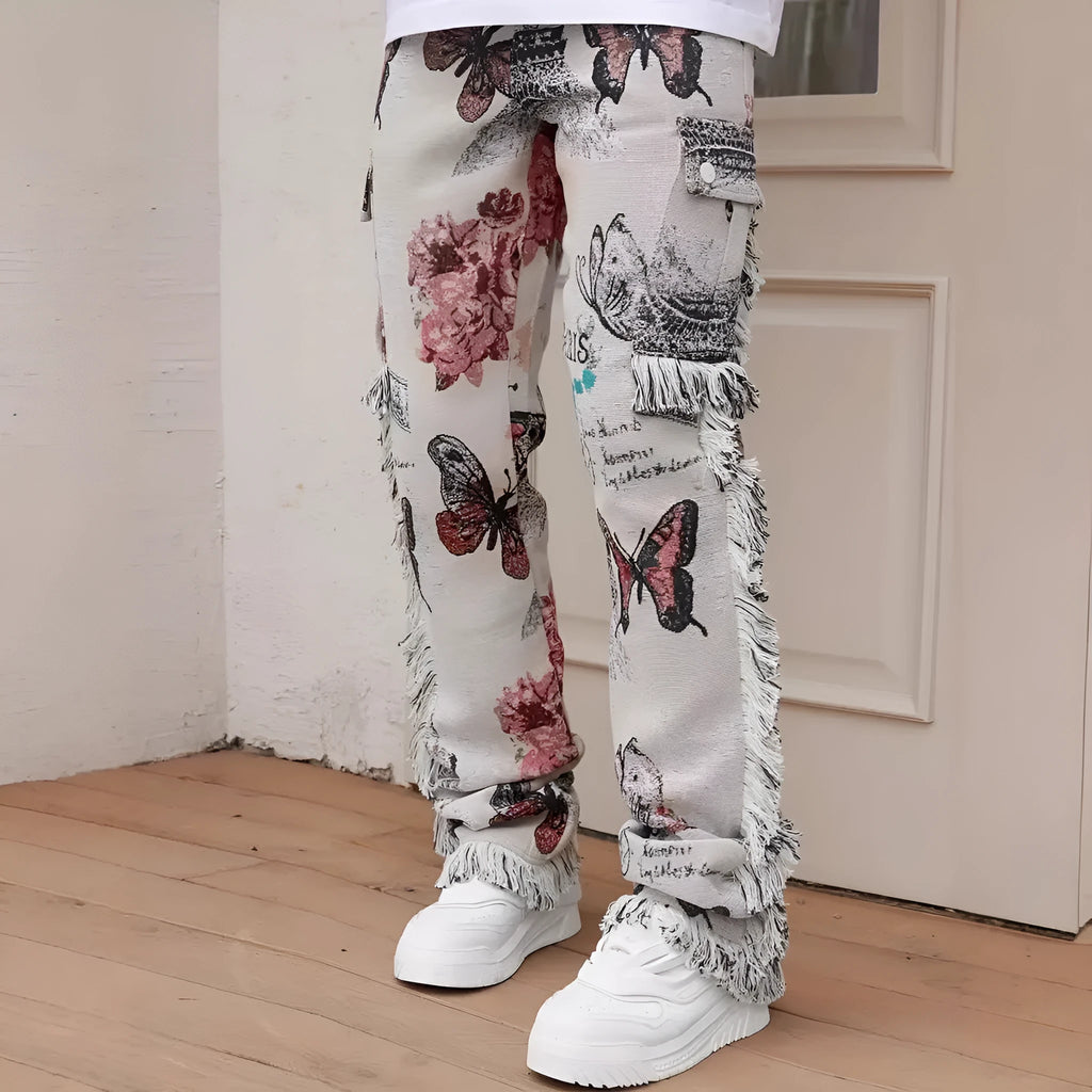 Men's slim fit animal digital printed denim trousers in cotton, mid waist, zip closure