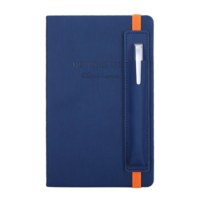 A5 faux leather notebook open with pen insert and strap, 200 pages, blue and black options