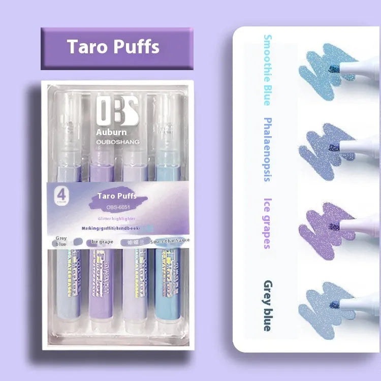 Pack of four glitter highlighter pens with plastic bodies in assorted colours.