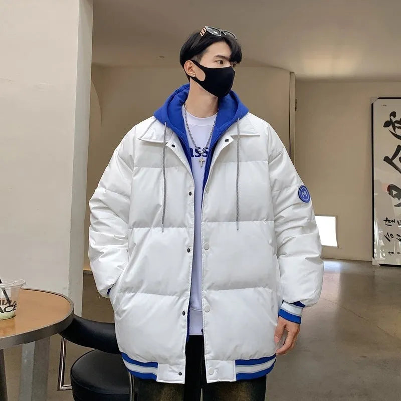 White duck down thickened warm couple coat in black, blue, and white, polyester main fabric, sizes M to 3XL