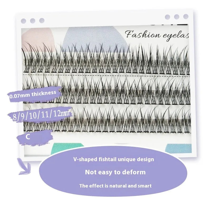 Black V-shaped fairy fishtail false eyelashes with thick segments in varying lengths on a clear band.