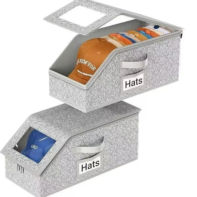 Grey foldable storage box with dimensions 42cm by 22cm by 17cm for cap and household organisation