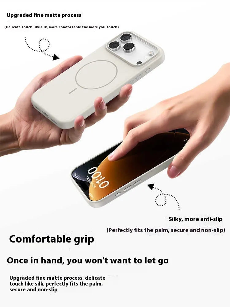 Frosted magnetic protective phone case for iPhone 17 series in matte finish showing camera button protection