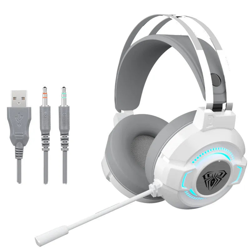 Black S602 gaming headset with colourful breathing light on ear cups, detachable microphone, and padded headband