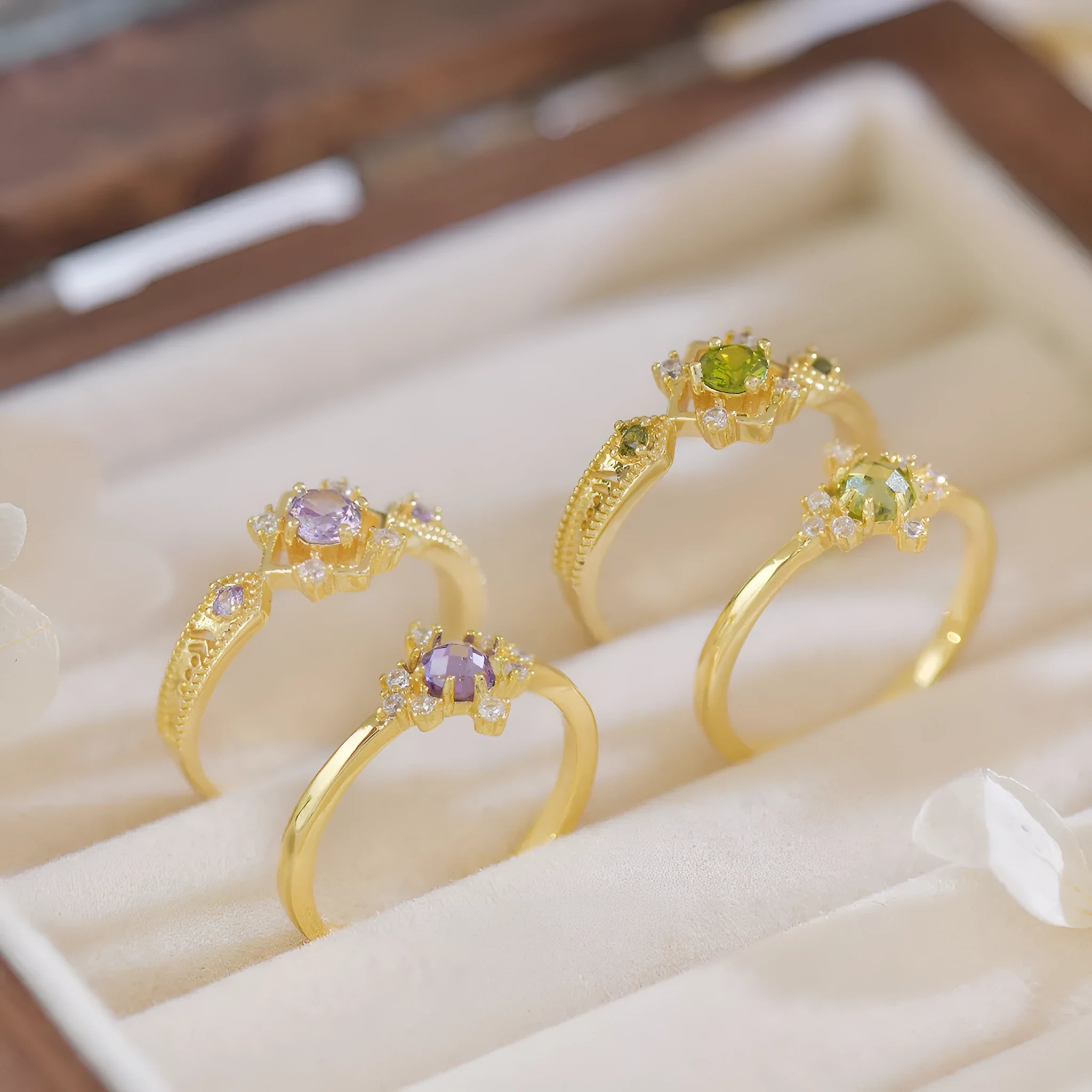 Open mouth geometric ring with round zircon stones on copper band, available in purple or olive green