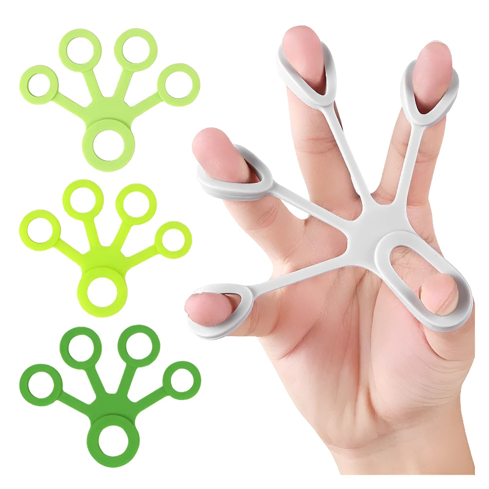 Five finger silicone pulling trainer grip ball in light green for hand strength exercise