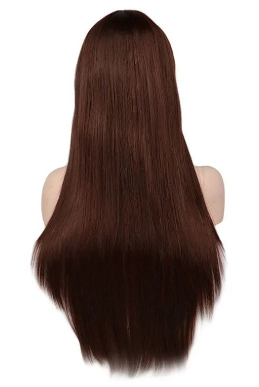 Light pink long straight high temperature silk wig with Qi bangs, adjustable headband for women