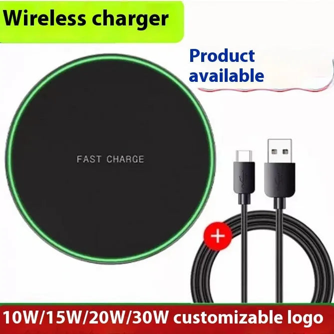 Black 15W fast wireless charger pad with type C cable on a desk