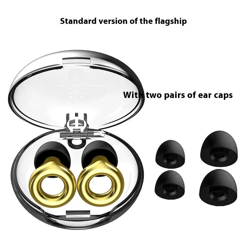 Set of silicone noise reduction earplugs in multiple colours with a storage box and spare ear caps.
