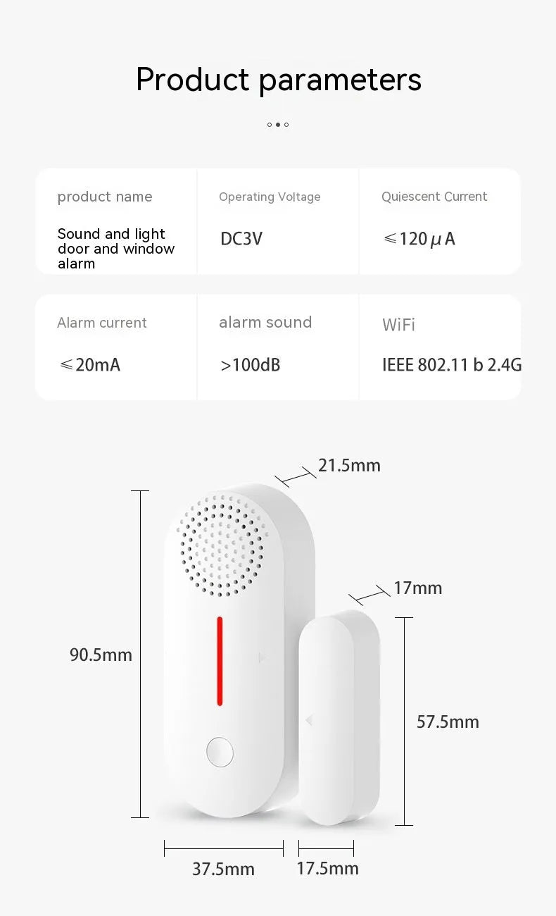 WiFi door magnetic sensor alarm device for smart home security with sound and light alerts