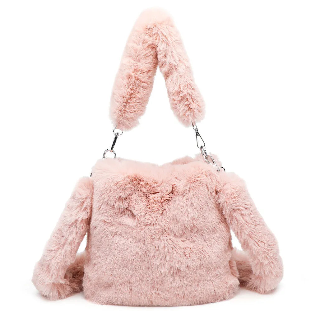 Women's fluffy plush shoulder bag in brown with detachable top handle and shoulder strap on a white background