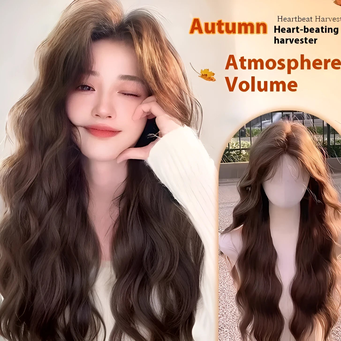 Full-head synthetic wig with long curly hair and side bangs in brown black colour.