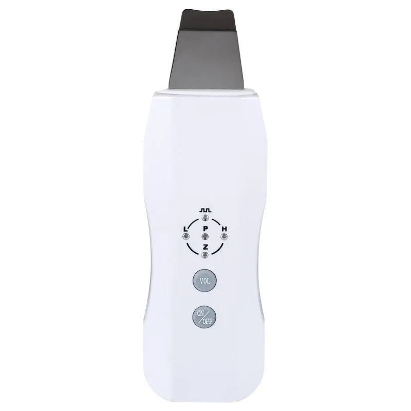 White ultrasonic facial cleanser with ABS body and stainless steel head on blue background