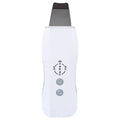 White ultrasonic facial cleanser with ABS body and stainless steel head on blue background