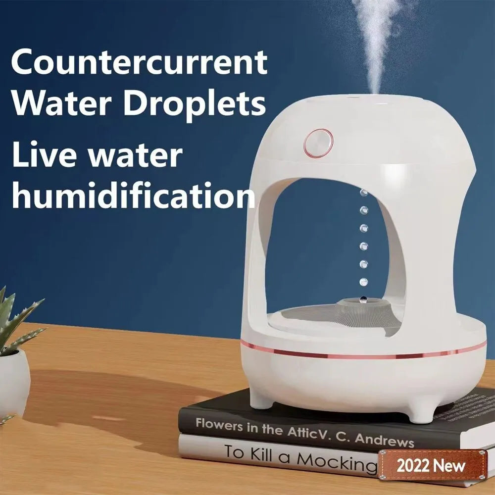Levitation water drop humidifier with LED night light in rose gold and white colour