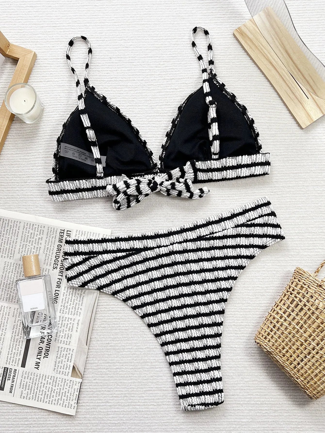 Women's black and white contrast colour bikini set, two-piece brief style, polyester spandex fabric, solid colour swimwear