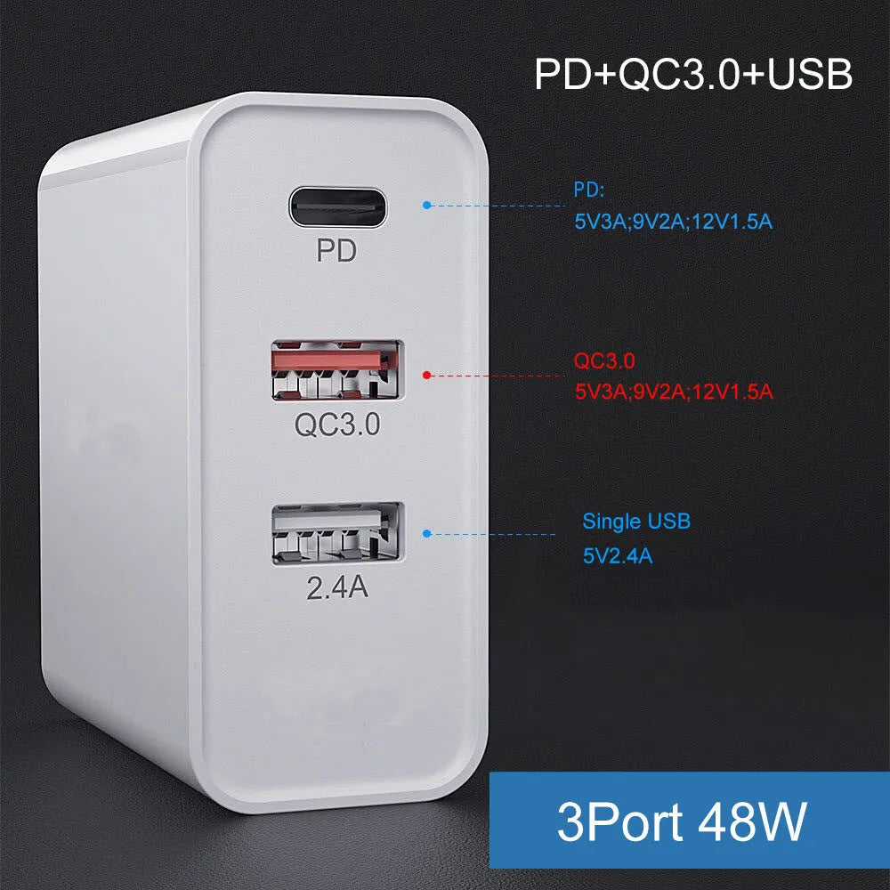 White fast charger with multiple USB ports and a UK plug on a wooden table.