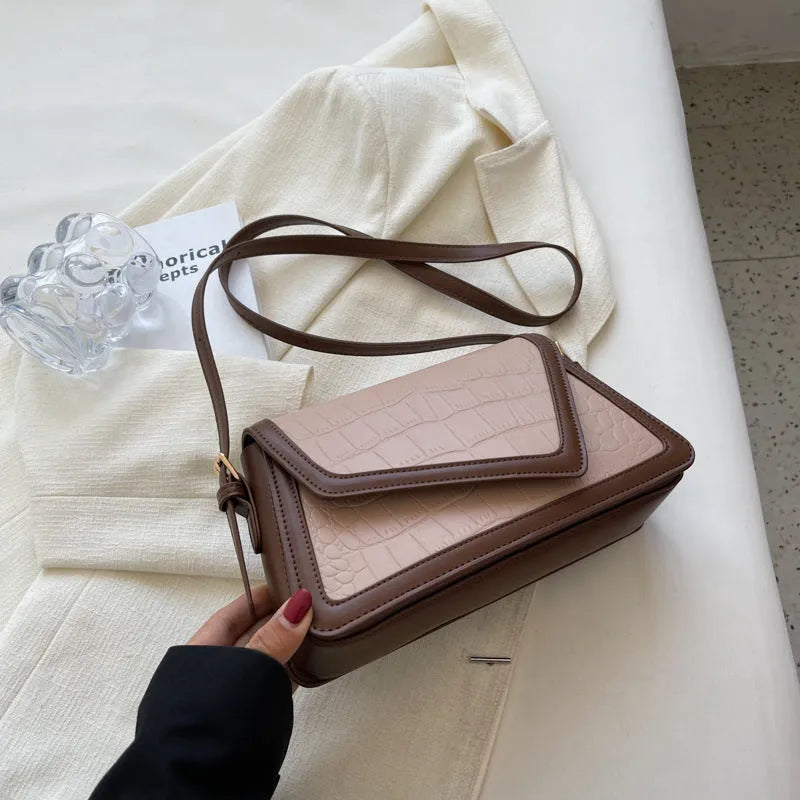 Stone pattern square PU leather one-shoulder bag in horizontal rectangle shape