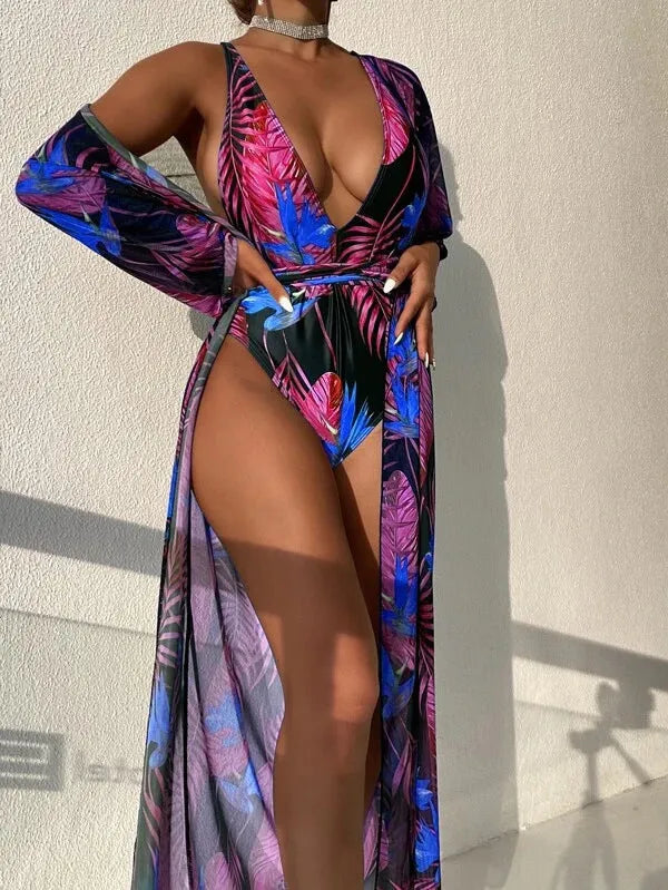 Women's polyester three-piece swimsuit bikini set with a matching cover-up coat in a patterned design.